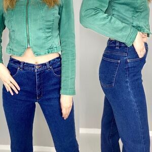 High waist straight leg flood length blue denim jeans